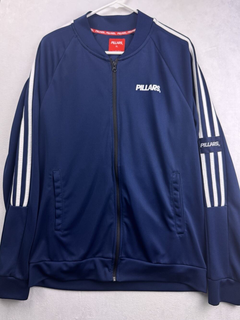 Pillars Men’s Track Jacket XL Navy Blue White Stripe Full Zip Athletic Jacket
